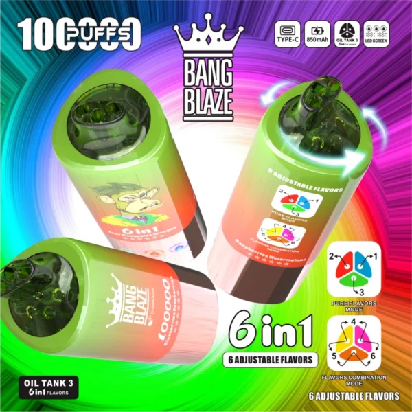 Bang Blaze 100000 Puffs 6 in 1 Flavors – 最新のLEDディスプレイ付き充電式使い捨て電子タバコ